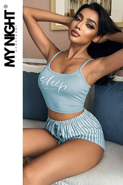 Veille Pijama Takımı Şortlu Gecelik Sabahlık Takım Mavi Cizgi Detaylı