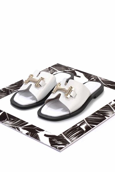Bambi White Genuine Leather Women's Slippers K 04826018403