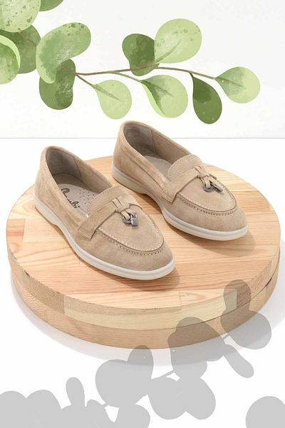 Bambi Beige Suede Genuine Leather Women's Loafer Shoes01269354102