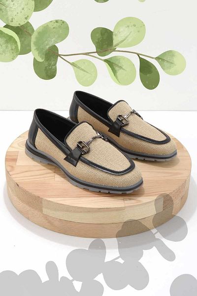 Bambi Beige Schwarz Stroh Damen Loafer Schuhe K 01225092628