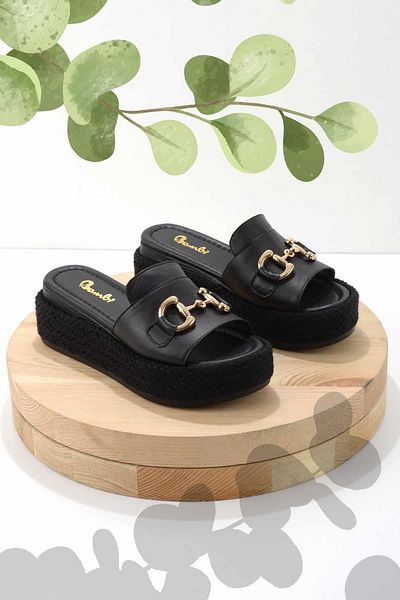 Bambi Black Leather Women's Slippers K04177064403