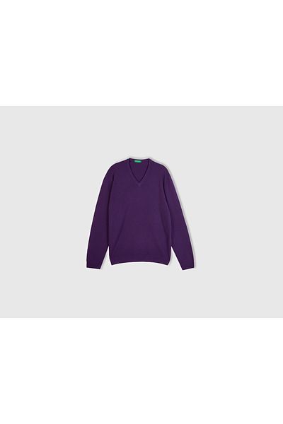 United Colors of Benetton Pulover Merino cu decolteu în V violet pentru bărbați