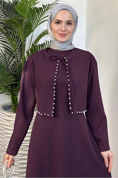 TRENDTESETTÜR Plum Color Women's Pearl Detailed Dress Set - t 6416