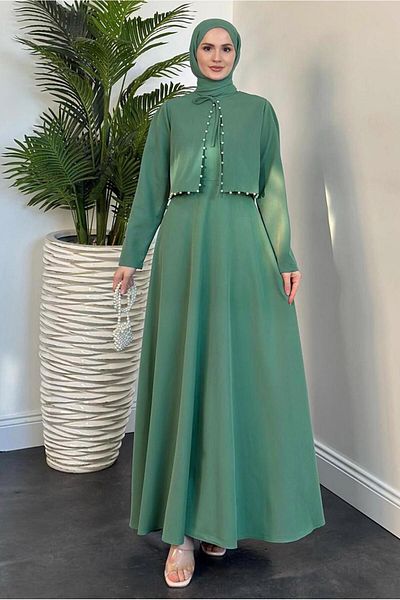 TRENDTESETTÜR Γυναικείο φόρεμα Green Mint Pearl με λεπτομέρειες - T 6416