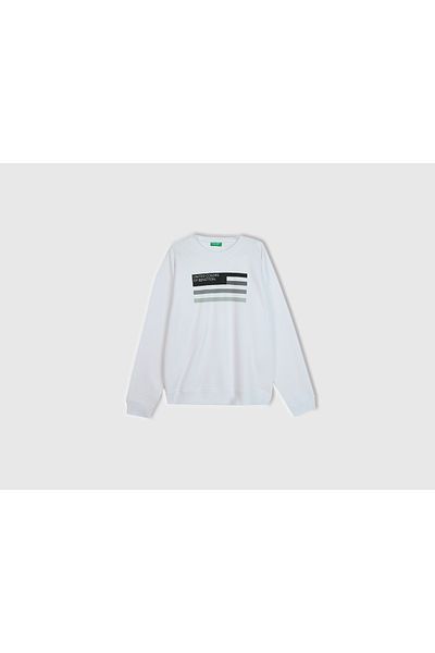 United Colors of Benetton Men's White Logo Printed Sweatshirt