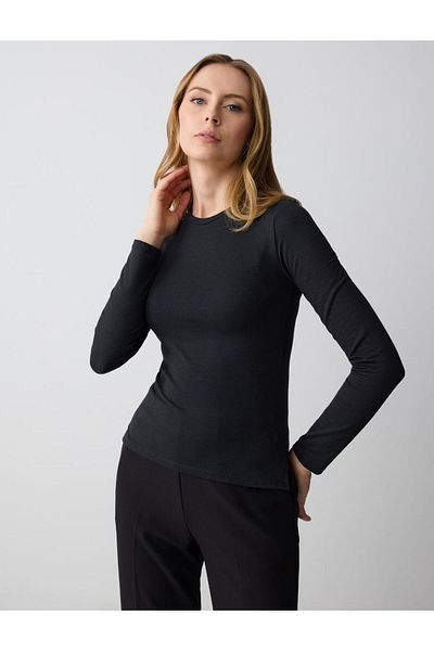Jimmy Key Black Slim Fit Long Sleeve Crew Neck Basic Blouse