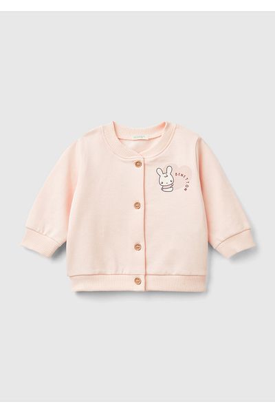 United Colors of Benetton Baby Dusty Pink Left Chest Water Based Printed Buttoned Sweatshirt