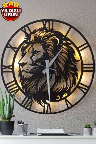 Blackdekor 40 cm Aslan Figürlü Işıklı Dekoratif Duvar Saati, Galatasaraylı Duvar Saati, Ofis Duvar Saati