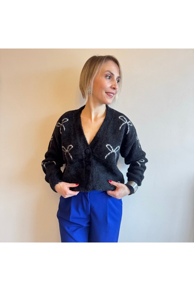 Aylish Black Bow Patterned Soft Cardigan