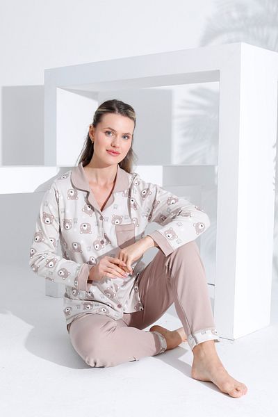 Etoile Set de pijamale pentru femei, 100% bumbac, cu mânecă lungă, cu nasturi în față 98232