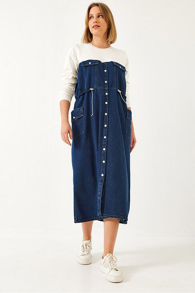 Bianco Lucci Women's Elastic Waist Double Pocket Denim Dress 8196 60351330