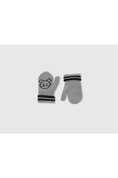 United Colors of Benetton Boy's Gray Melange Stripe Detailed Animal Pattern Gloves