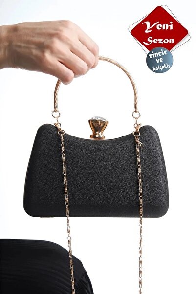 GUİZA Geantă pentru rochie de seară cu sclipici negru-aurie - cu cotiere și l...