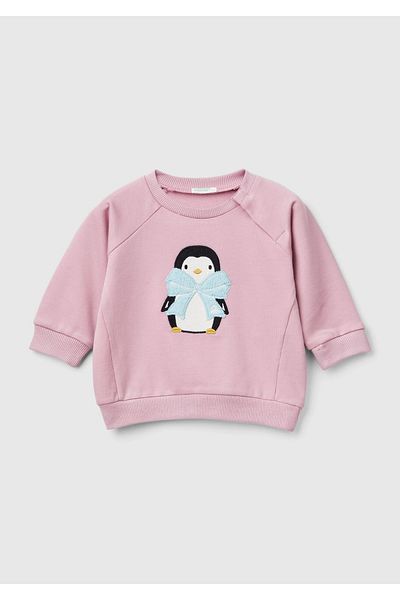 United Colors of Benetton Baby Dusty Rose Animal Motif Crew Neck Raglan Sleeve Sweatshirt