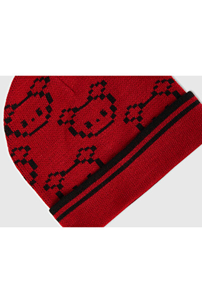 United Colors of Benetton Boy's Dark Red Stripe Detailed Animal Print Beret