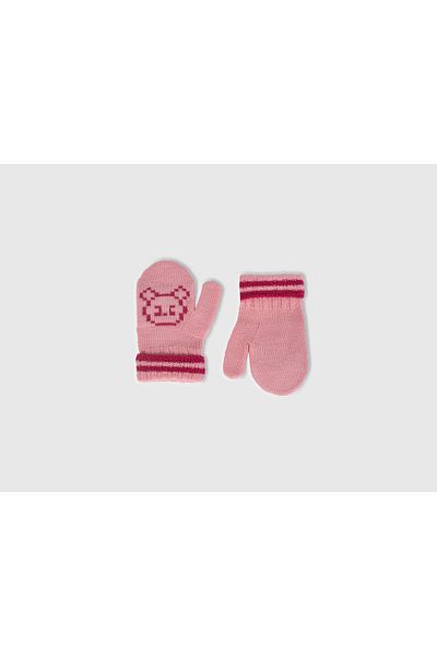 United Colors of Benetton Boy's Pink Stripe Detailed Animal Patterned Gloves