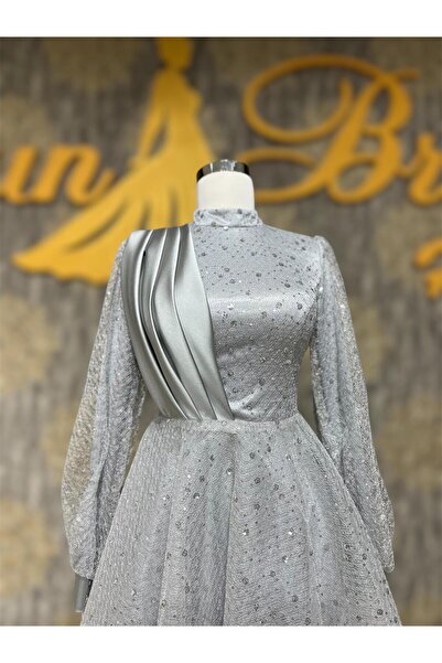 MODA Gri Tül Abiye Omzu Saten Detaylı Midi Boy Nişanlık