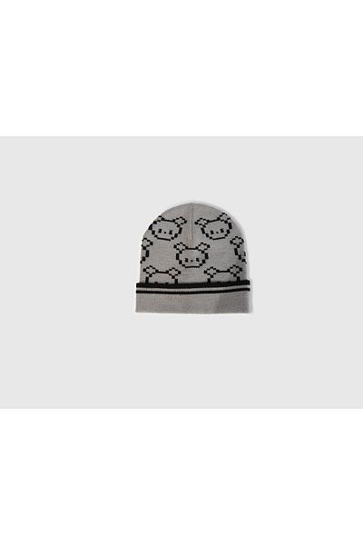 United Colors of Benetton Boy's Gray Melange Stripe Detailed Animal Pattern Beret