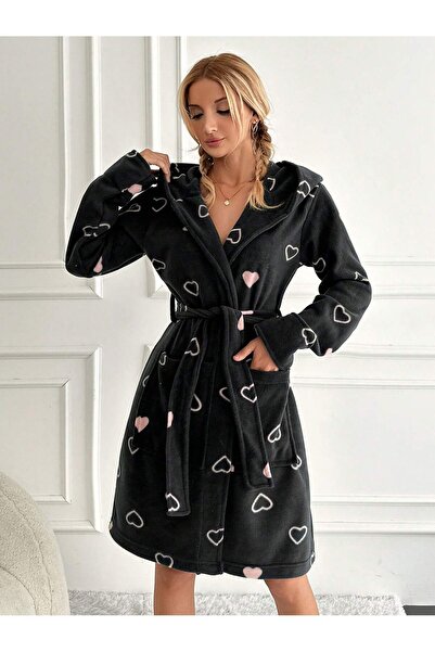 VG BOND MODA Women's Fleece Dressing Gown with Heart Pattern and Belt - Vg003