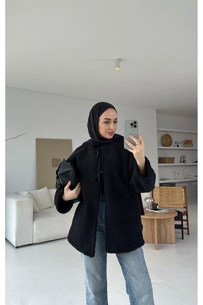My Blog Jachetă neagră de pluș cu cravată în față-7328