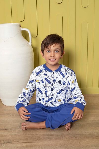 GUAVA+ Costum de pijama pentru băiat cu mânecă lungă, cu guler albastru, cu nasturi