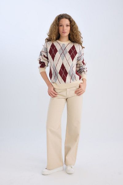 DeFacto Regular Fit Argyle Crew Neck Knitwear Sweater D9519Ax24Wn