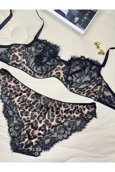 ROZENİN LINGERIE Σετ εσώρουχα Bralet με λεοπάρ μοτίβο μεταξένιο σατέν δαντέλα με λεπτομέρειες (σουτιέν-εσώρουχα)