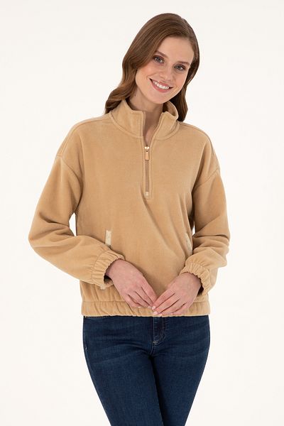 U.S. Polo Assn. Sand Color Women's Fleece Sweatshirt - Stand Collar and Zipper Detail 50297401 -Vr085