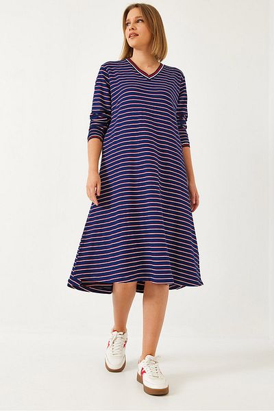 Bianco Lucci Gestreiftes langes Kleid mit V-Ausschnitt für Damen 8146 60351334
