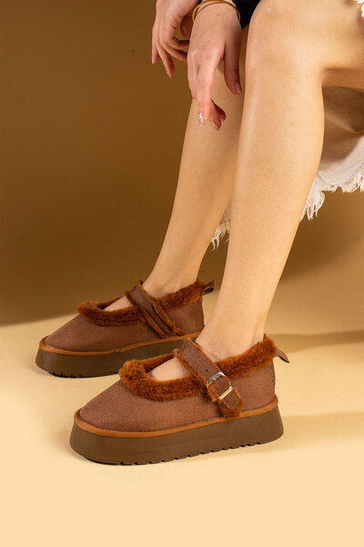 Pembe Potin Women's Tan Nubuck Ballerina Model with Hairy Inside Flat Thick Comfortable Sole Women's Shoes
