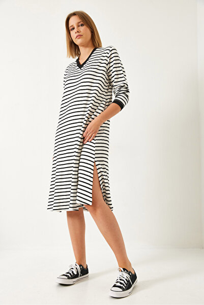 Bianco Lucci Γυναικείο μακρύ φόρεμα με ριγέ V λαιμόκοψη 8146 60351334