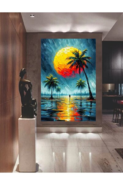 KanvasSepeti Pictură în ulei cu textură, cu tematică de palmieri și apus de s...