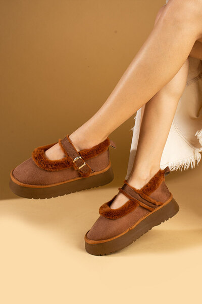 Pembe Potin Women's Tan Nubuck Ballerina Model with Hairy Inside Flat Thick Comfortable Sole Women's Shoes