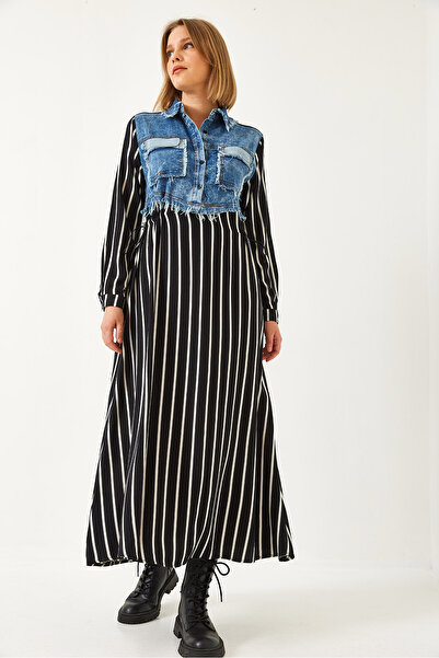 Bianco Lucci Kadın Denim Garnili Uzun Kloş Elbise 60351248