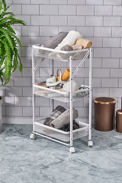 Cornella 3 Layers Folding White Color Metal Multipurpose Organizer Organizer with Wheels Rectangle Basket