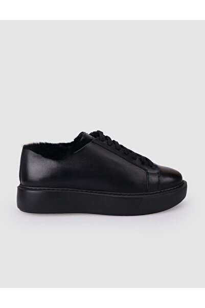 Cabani %100 Hakiki Deri Siyah Kürklü Bağcıklı Kadın Spor Ayakkabı