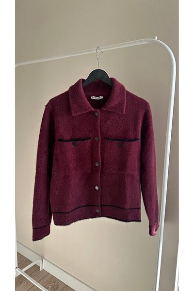 Maldia Shop Γυναικεία ζακέτα Polo Neck Angora Claret Red με τσέπες