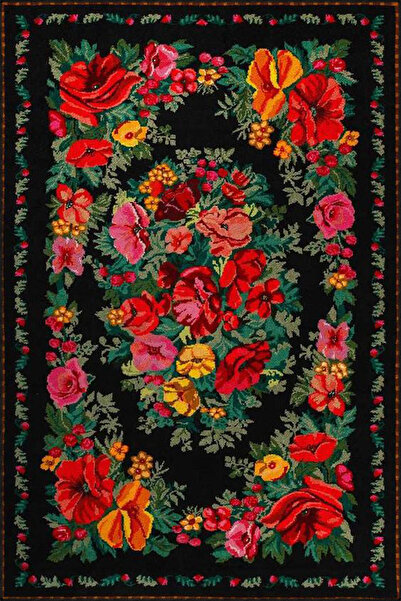 Rugs Modern Halı Karabağ Figürlü ve Floral Kırmızı Siyah Renkli Çiçek Desenli...