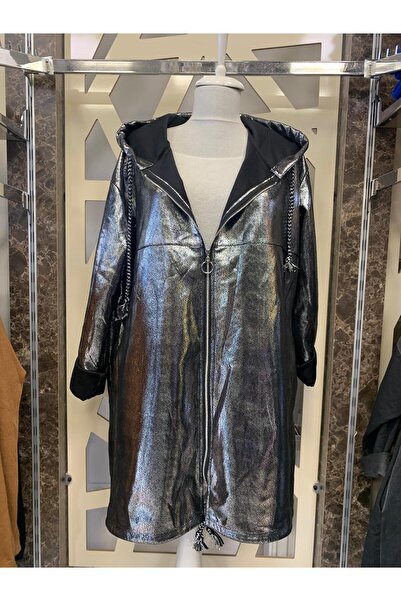 günay boutıque Shiny Woven Silver Color Hooded Design Jacket