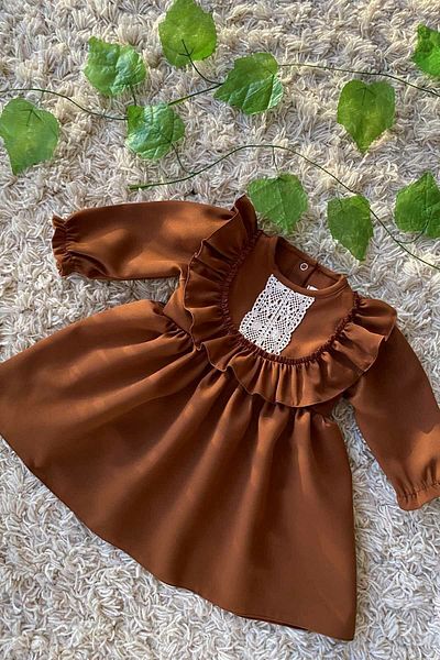Bertuğ Bebek Vintage Crepe Design - Baby Girl Brown Dress with Ruffle and Lace Detail