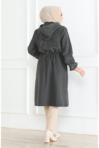 sefamerve Kapüşonlu Fermuarlı Kaşe Kaban 0503-01 Gri