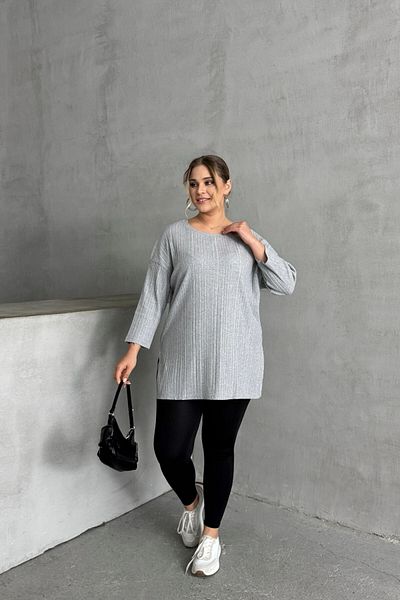 Stil Diva Plus Size Crew Neck Half Sleeve Slit Ribbed Slim Blouse 173712