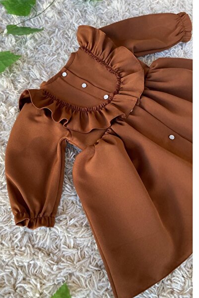 Bertuğ Bebek Fırfır Ve Dantel Detaylı Vintage Krep Tasarım Kız Çocuk Bebek Kahverengi Elbise