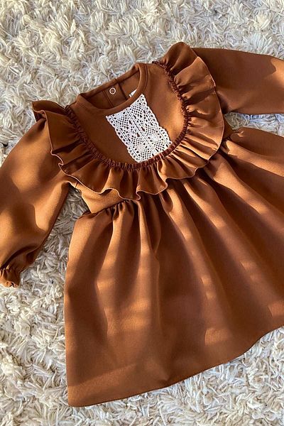 Bertuğ Bebek Vintage Crepe Design - Baby Girl Brown Dress with Ruffle and Lace Detail