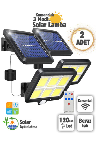 Unichrome 2 Adet 120 Led Solar Güneş Enerjili Hareket Sensörlü Kumandalı Bahç...