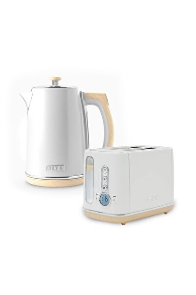 Haden مجموعة دورشيستر مكونة من 2 غلاية ومحمصة خبز، باللون الأبيض مع تفاصيل خشبية ولمسة نهائية بيضاء غير لامعة