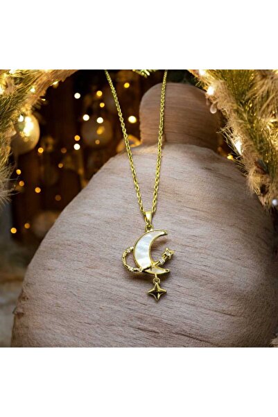 feyza collection Sedefli Ay - Yıldız Çemberi 316L Kararmaz Gold Çelik Kolye