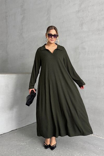 Stil Diva Plus Size V-Neck Long Sleeve Ribbed Hem Loose Long Dress 322182