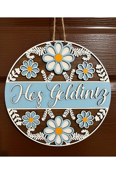 SepetDoluyor Ornament pentru ușă - Ornament pentru ușă de bun venit din lemn lucrat manual - Design decorativ colorat cu margarete (25x25 cm)