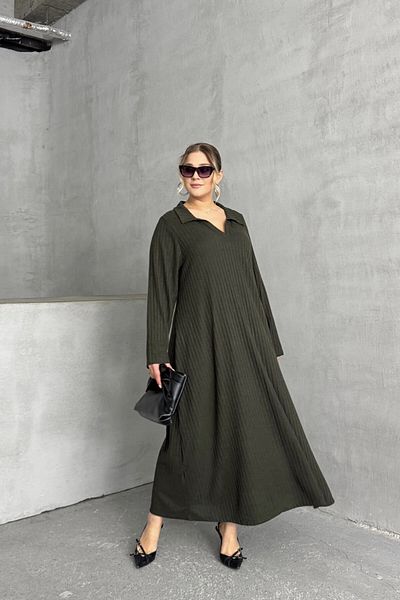 Stil Diva Plus Size V-Neck Long Sleeve Ribbed Hem Loose Long Dress 322182